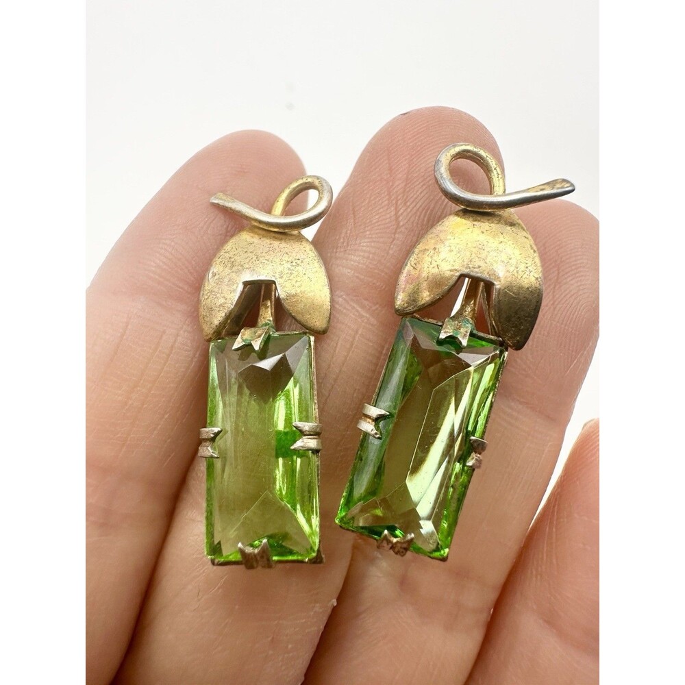Vintage Gold Over Sterling Silver Green Stone Screw Back Earrings